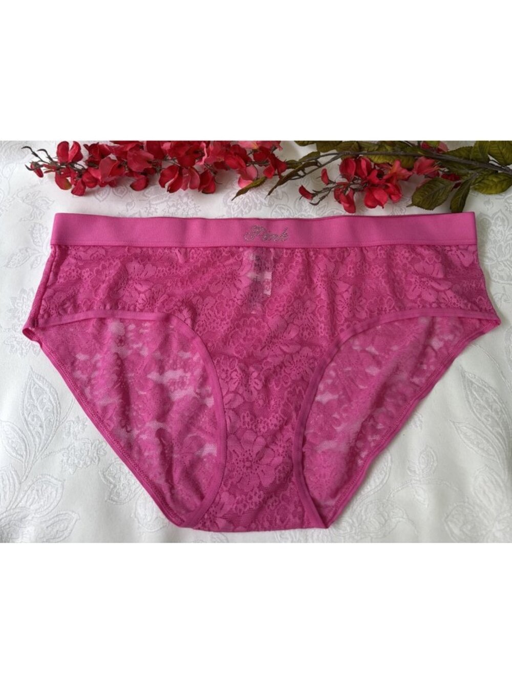 VICTORIA'S SECRET XL PINK LACE BLING LOGO HIPSTER HIPHUGGER SUMMER PANTIES NWT